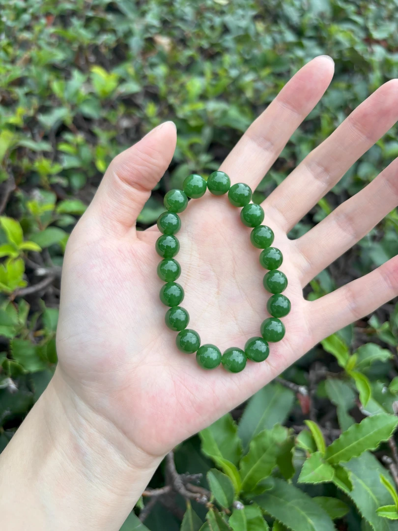 10MM天然和田玉碧玉手串菠菜绿百搭素圈精美女士玉手串多样发一