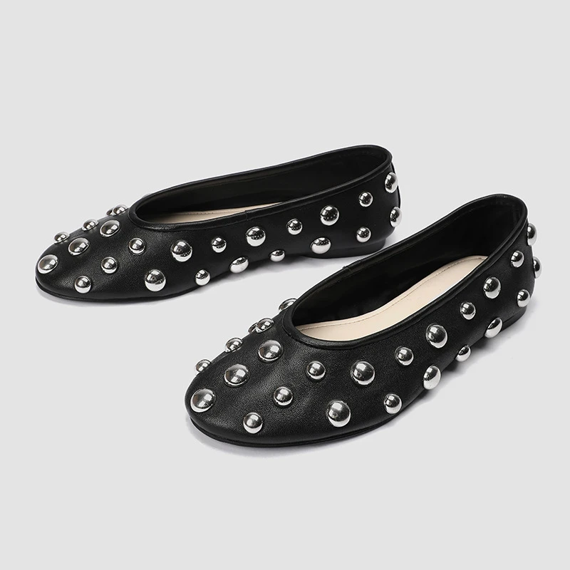 法式复古铆钉平底单鞋女2025新款一脚蹬舒适芭蕾舞鞋