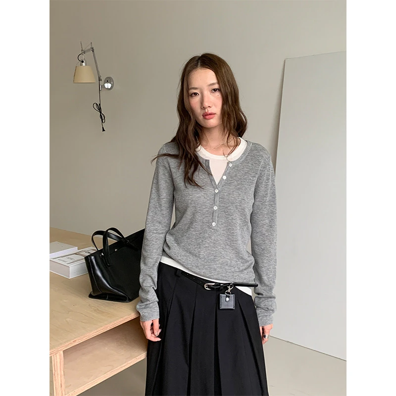 THEMIND羊毛撞色假两件长袖针织衫女2025冬款韩版简约毛衣T5560Q