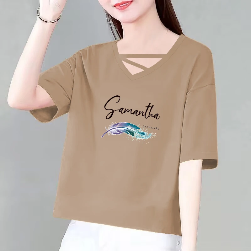 棉质V领短袖T恤女士2025夏季新款设计感妈妈装修身显瘦遮肉小衫潮