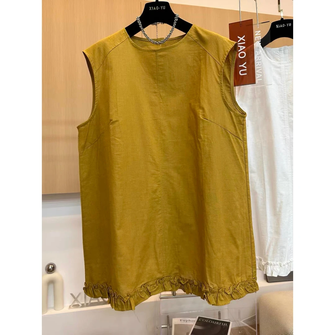 夏季新款宽松无袖荷叶边纽扣女上衣简约休闲百搭中长款打底衬衫