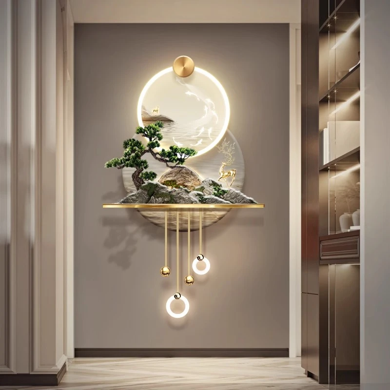 3D立体发财树玄关装饰画轻奢走廊尽头新中式山水过道九鱼图壁画