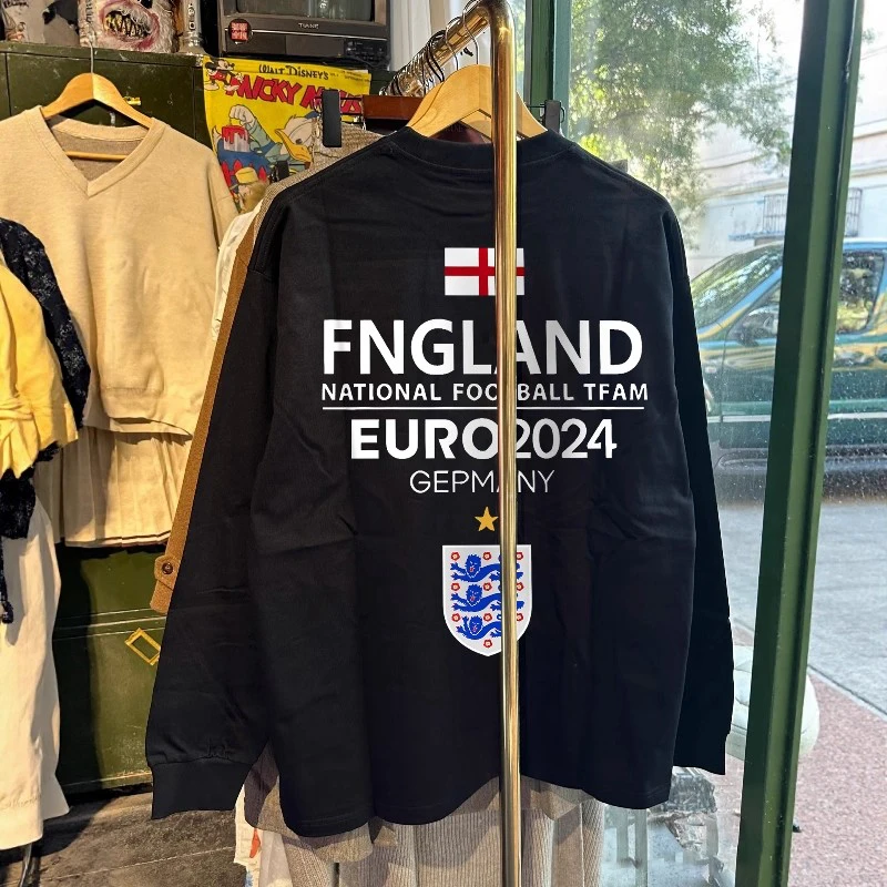 美式重磅260g纯棉长袖T恤意大利英格兰同款印花圆领上衣休闲t恤男