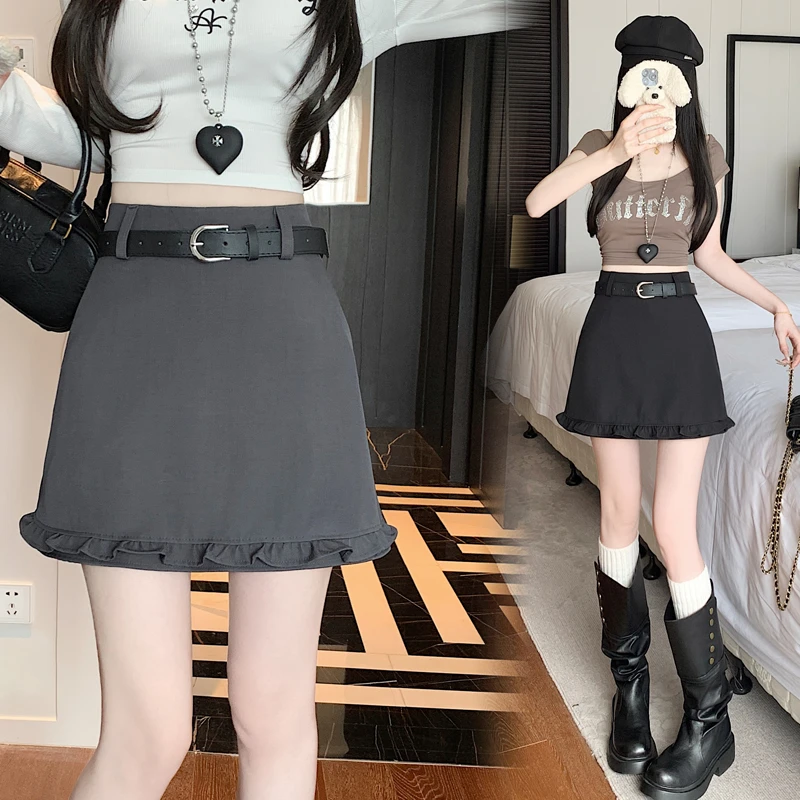 韩版木耳边灰色西装短裙女2025春夏新款高腰显瘦包臀A字裙小个子