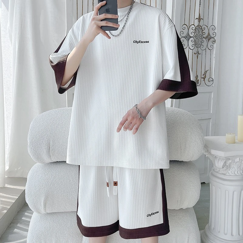 冰丝套装男2025秋季新款潮流休闲宽松短袖T恤夏天男装穿搭一整套