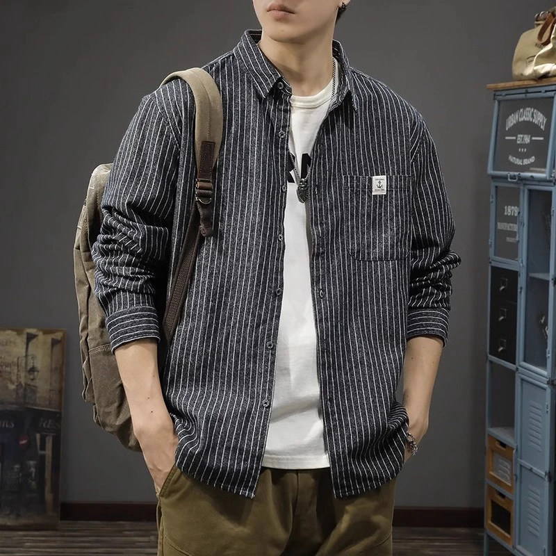 U&PURA美式潮牌竖条纹长袖衬衫男复古磨毛休闲衬衣春季宽松外套