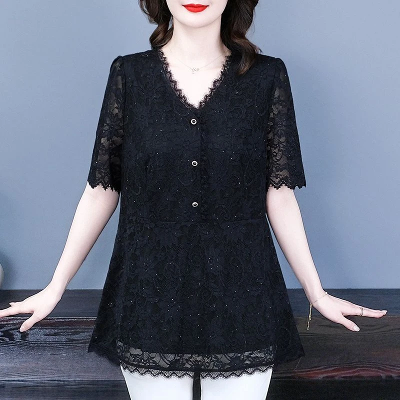 大码女装衬衫2025夏季新款法式蕾丝显瘦遮肉休闲上衣250393