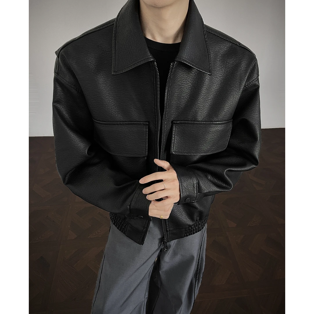 2025年春秋季新款美式休闲外套翻领皮衣男款皮夹克百搭时尚潮流