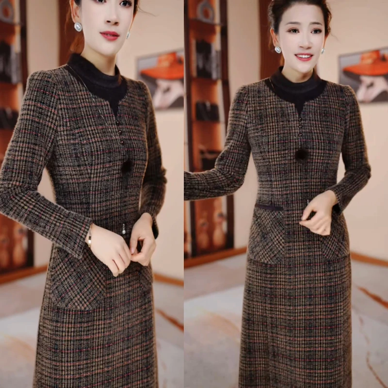秋冬新款修身显瘦遮肉连衣裙H5B389气质高雅时尚妈妈装格子
