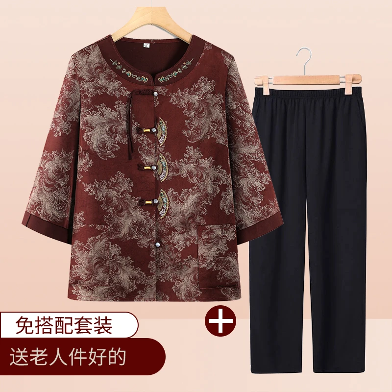 老年人夏装女洋气薄款衬衫奶奶夏天短袖t恤妈妈两件套装太太衣服