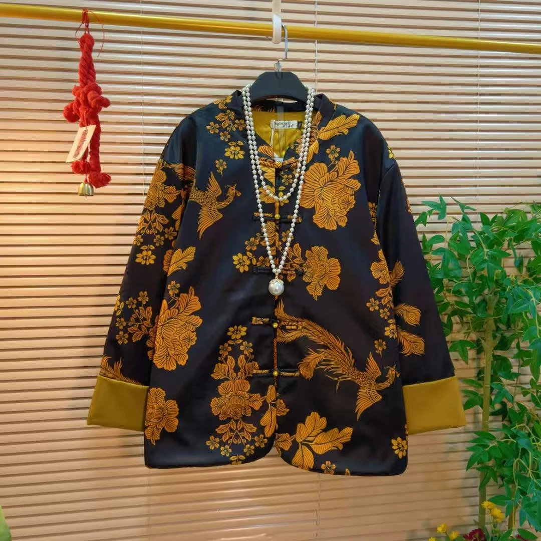 胖YY2025冬季新款新中式国风上衣女民族气质复古印花立领加棉外套