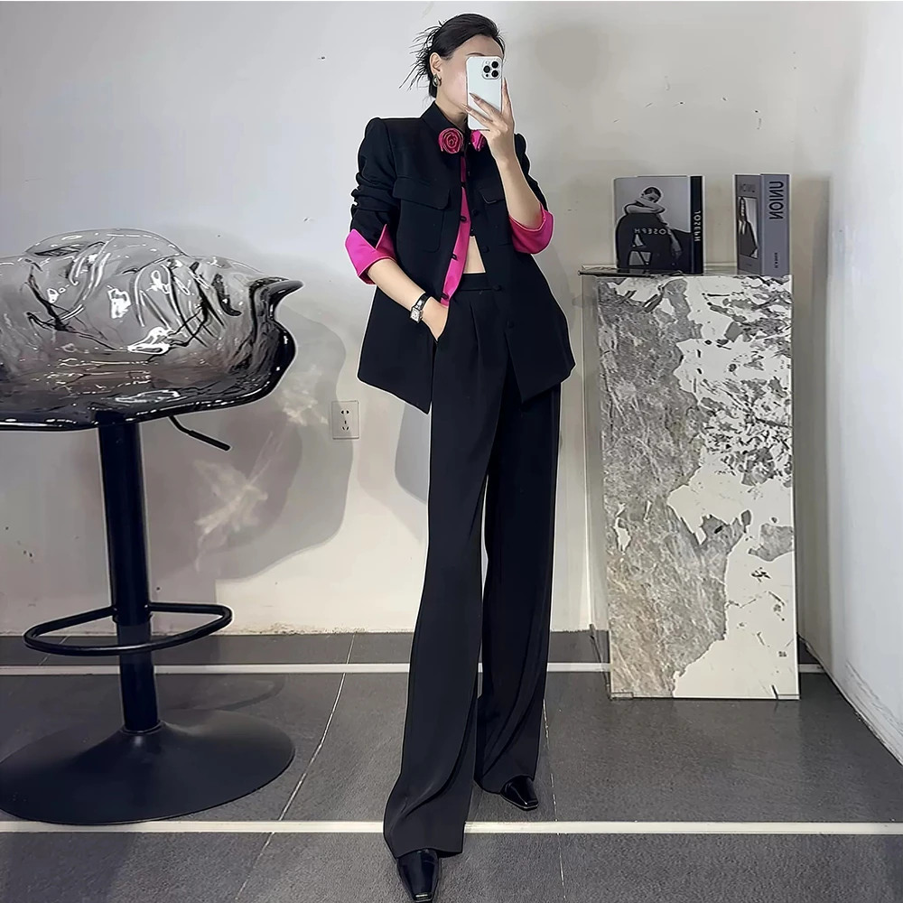 2025春秋新款名媛气质订花撞色修身西装套装女盘扣国风职业两件套