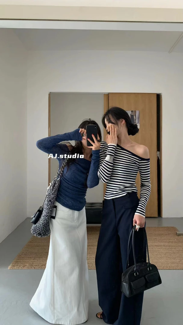 AJ 010# 新款时尚ins潮气质复古斜肩长袖条纹T恤女