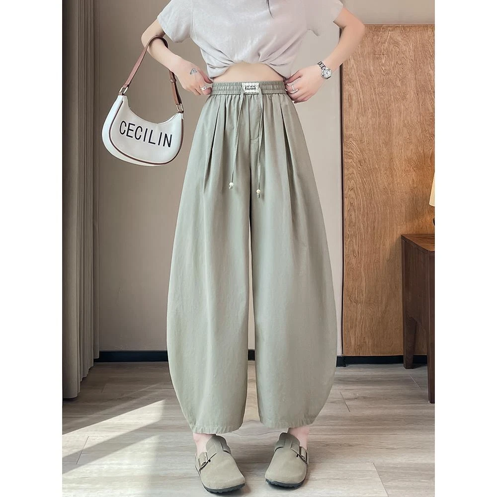 松紧腰冰丝哈伦气球裤女2025夏季薄款宽松显瘦大码九分香蕉弯刀裤