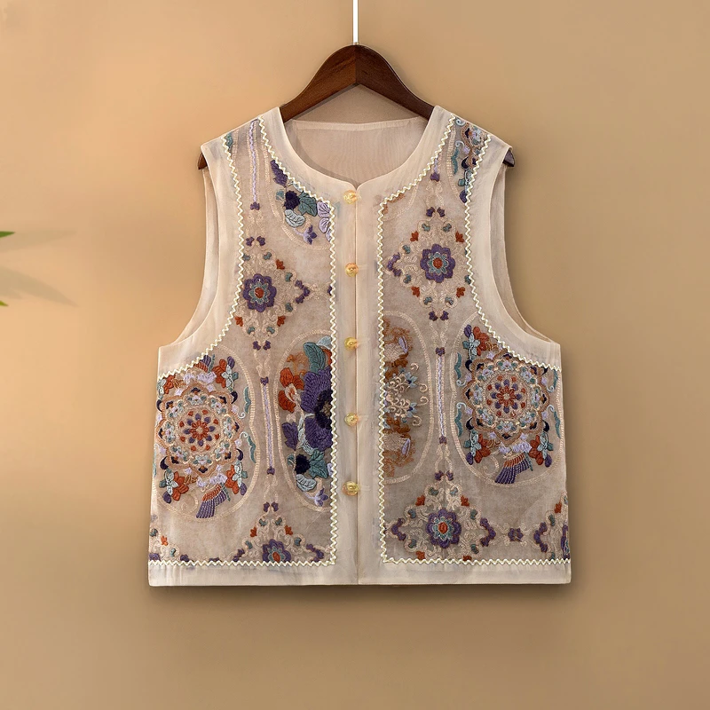 【花言】2025新款夏季马甲新中式女装圆领绣花气质薄款上衣马夹外套