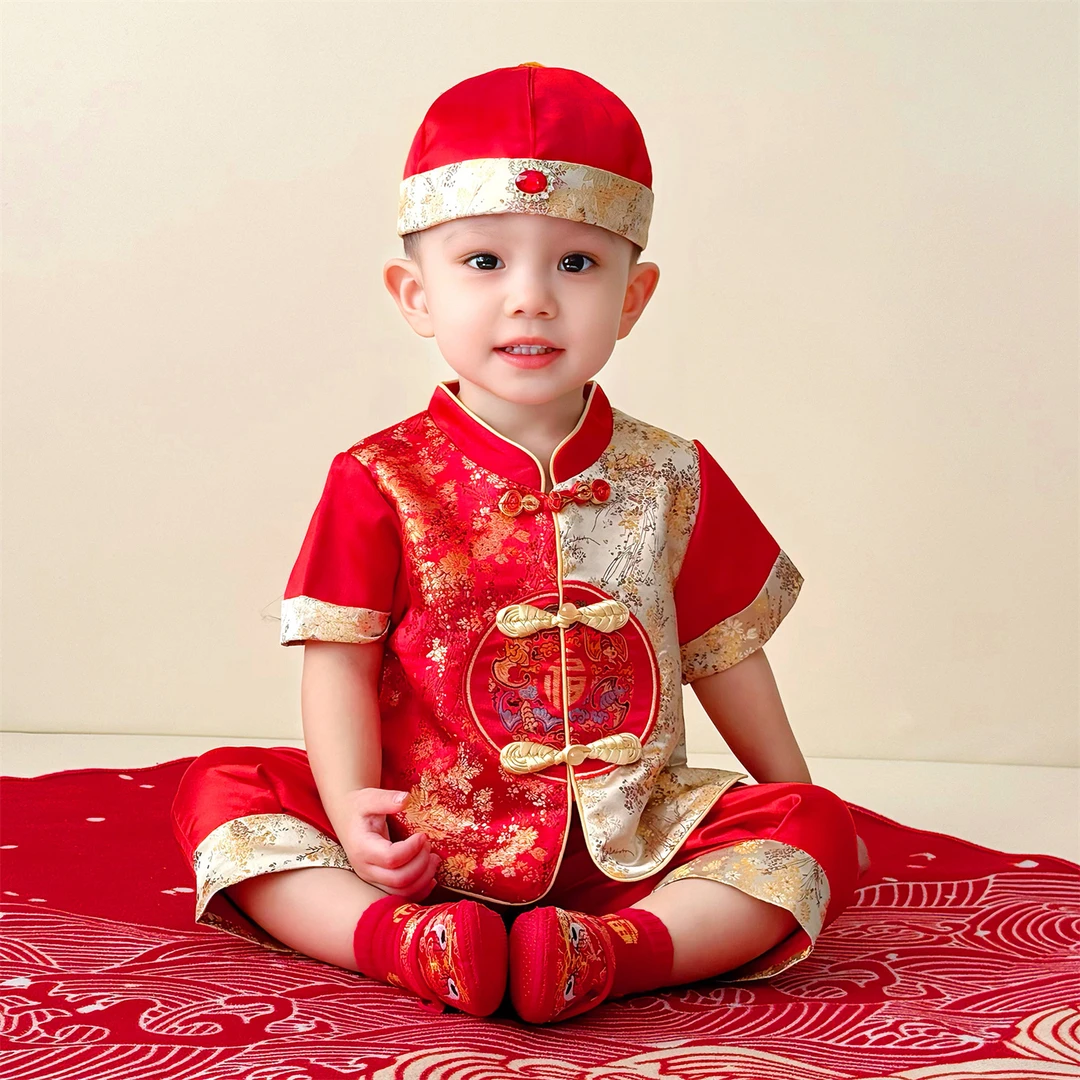 周岁礼服男宝宝夏季红色中国风儿童抓周唐装短袖婴儿百天生日衣服