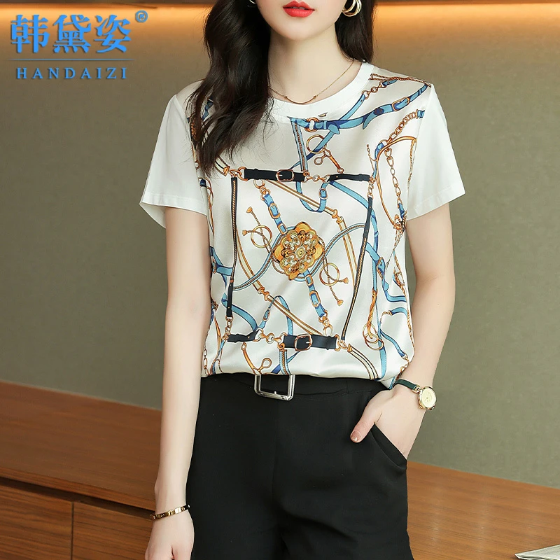 时尚印花真丝拼接上衣女短袖2025夏装新款高端显瘦桑蚕丝白色T恤