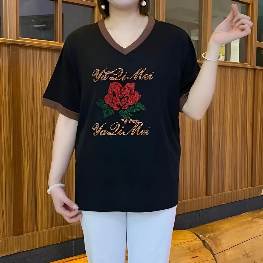 2025夏季短袖新款V领宽松休闲百搭时尚T恤夏季网红大码中老年女装
