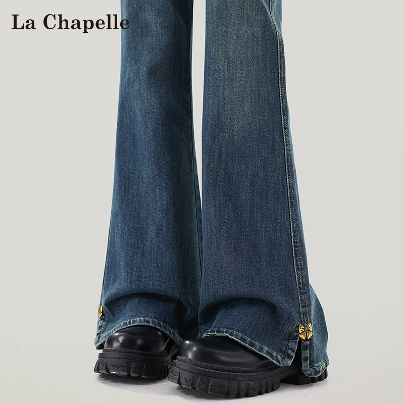 拉夏贝尔复古开叉牛仔裤女2025春秋新款微喇裤小个子马蹄喇叭裤子