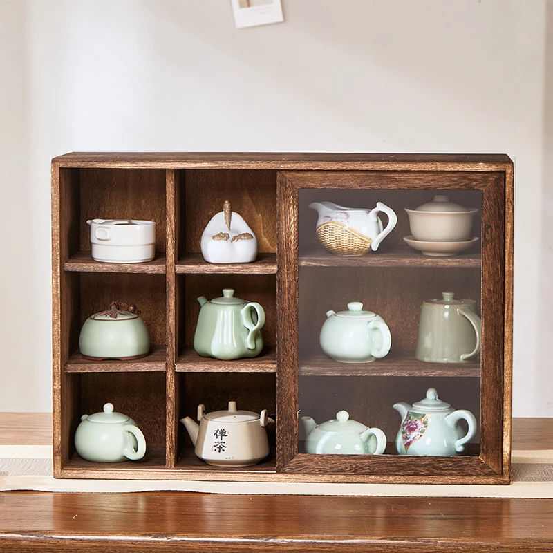 实木桌面收纳柜茶具茶壶收纳架博古架茶杯架可壁挂防尘吊柜储物柜
