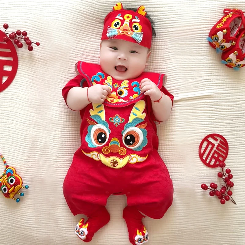 蛇宝短袖连体衣婴儿夏季哈衣宝宝满月百天周岁服抓周服薄国潮5385