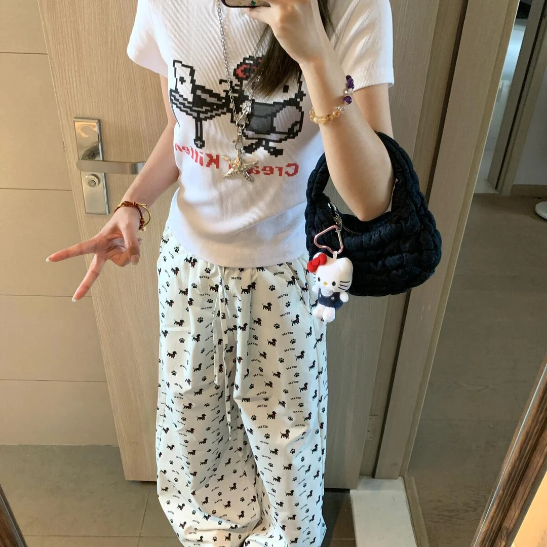 美式复古白色小狗印花休闲裤女夏季新款高腰宽松显瘦直筒阔腿裤子