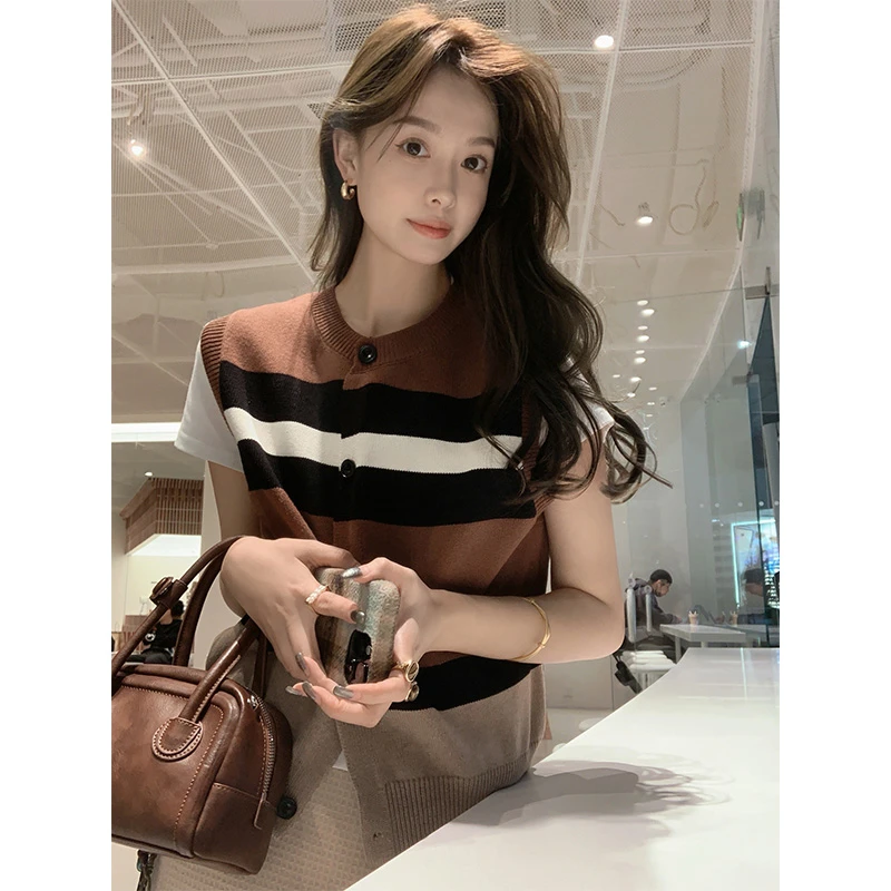 A美洋MEIYANG 可可千层马甲 包芯纱撞色圆领百搭叠穿针织马夹上衣