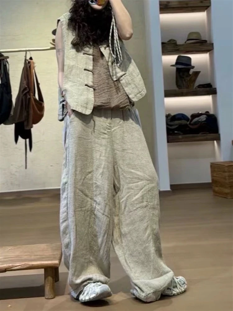 忆古扑拙文艺复古纯色松紧腰大码女士休闲麻裤