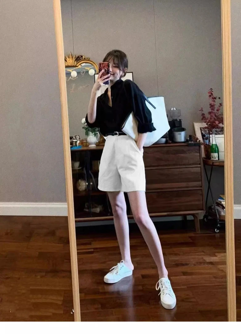 LOLO 韩版高腰显瘦白色牛仔五分短裤女夏薄款阔腿休闲热裤外穿型