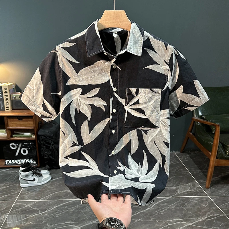 夏季潮牌树叶印花清新短袖衬衫男士轻奢时尚百搭文艺休闲宽松衬衣