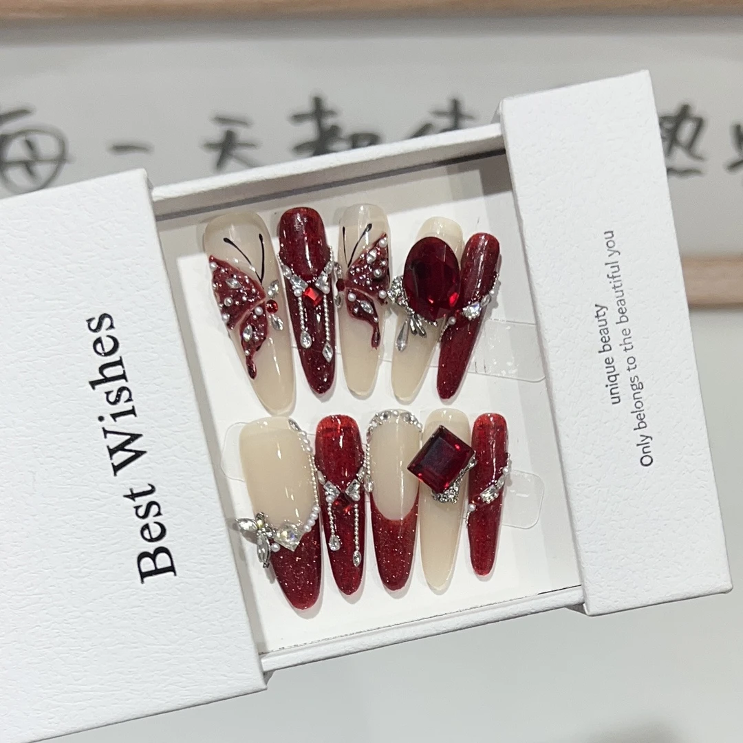 细狗尖纯手工穿戴甲高级氛围感新年款酒红色美甲成品可拆卸甲片