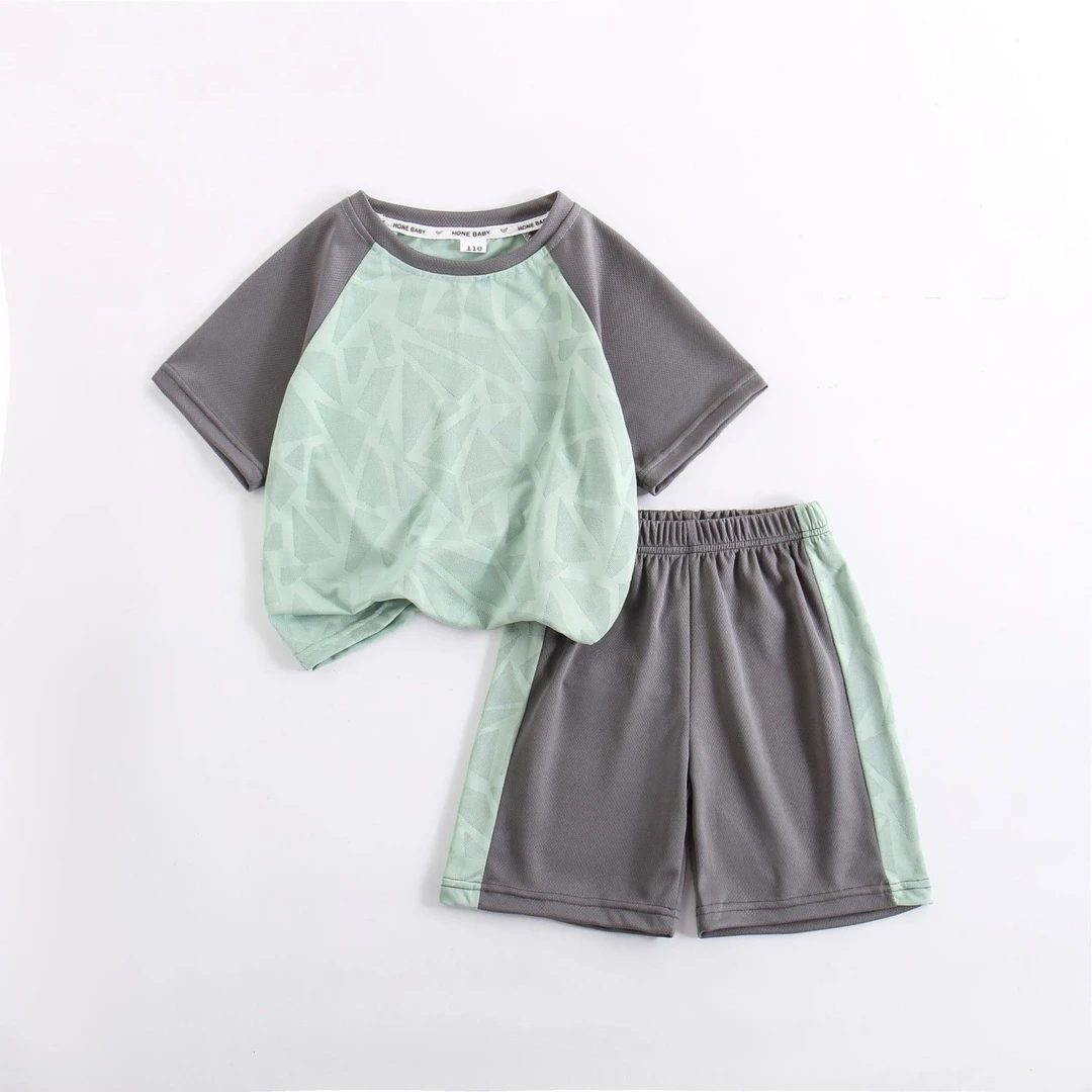 【爆裂纹】男童网眼撞色拼接运动套装短袖短裤夏季2025新款透气