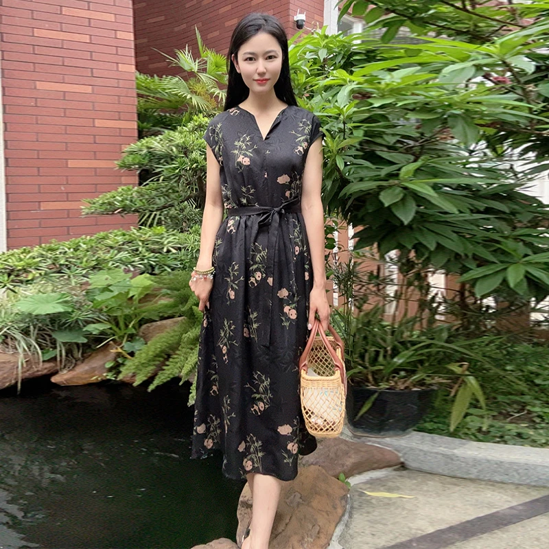 浒城古娘中式桑蚕丝国风修身百搭时尚夏气质优雅连衣裙WB2504673