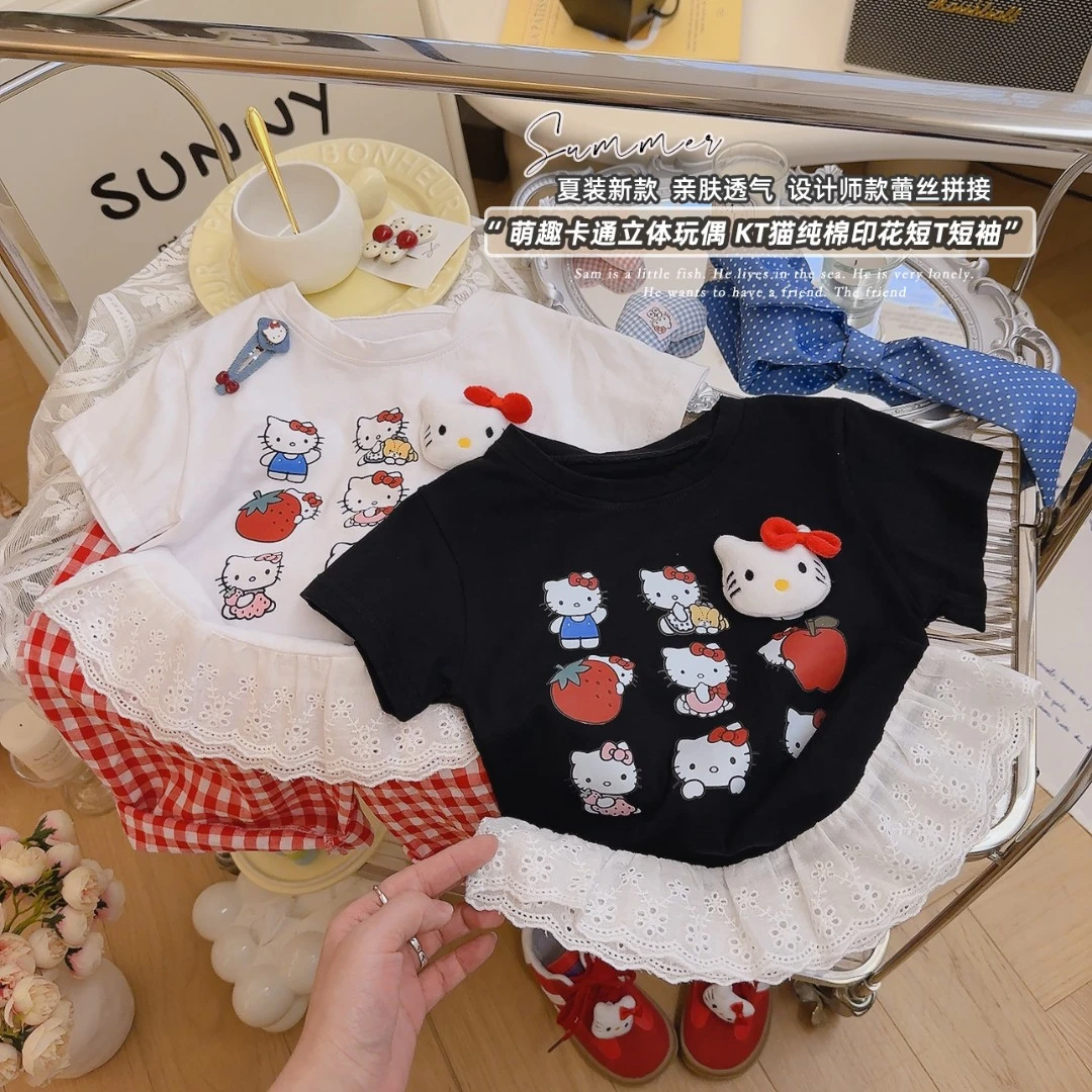 【亲子款】夏季纯棉立体KT猫百搭宽松卡通T恤女宝休闲时尚花边短袖