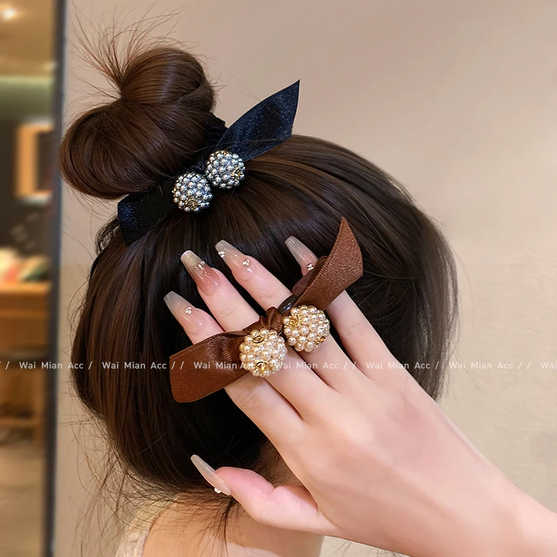 秋季新款蝴蝶结发圈头绳女高级感珍珠扎丸子头皮筋高弹力马尾发绳