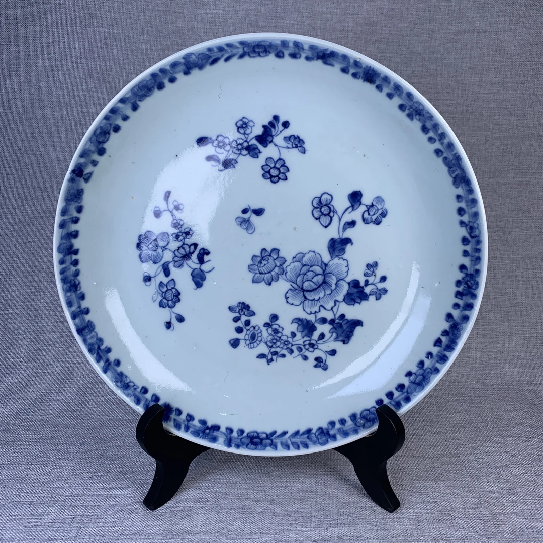 清代青花花卉盘古瓷器真品国营镇江市文物商店库出5028243