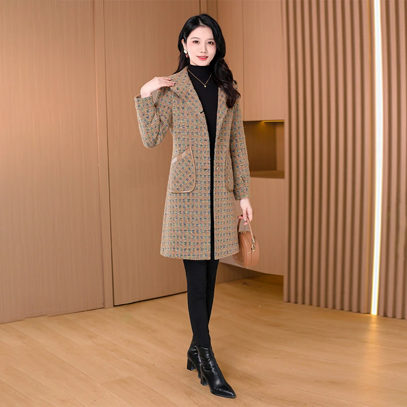 夹棉加厚绒大衣女2025新款冬季流行千鸟格毛呢子妈妈中长风衣外套