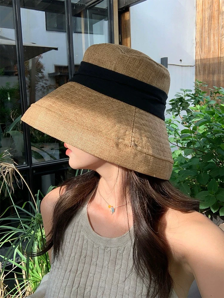 日系棉麻透气防晒帽女夏季2025新款大檐遮阳帽户外可折叠渔夫帽子