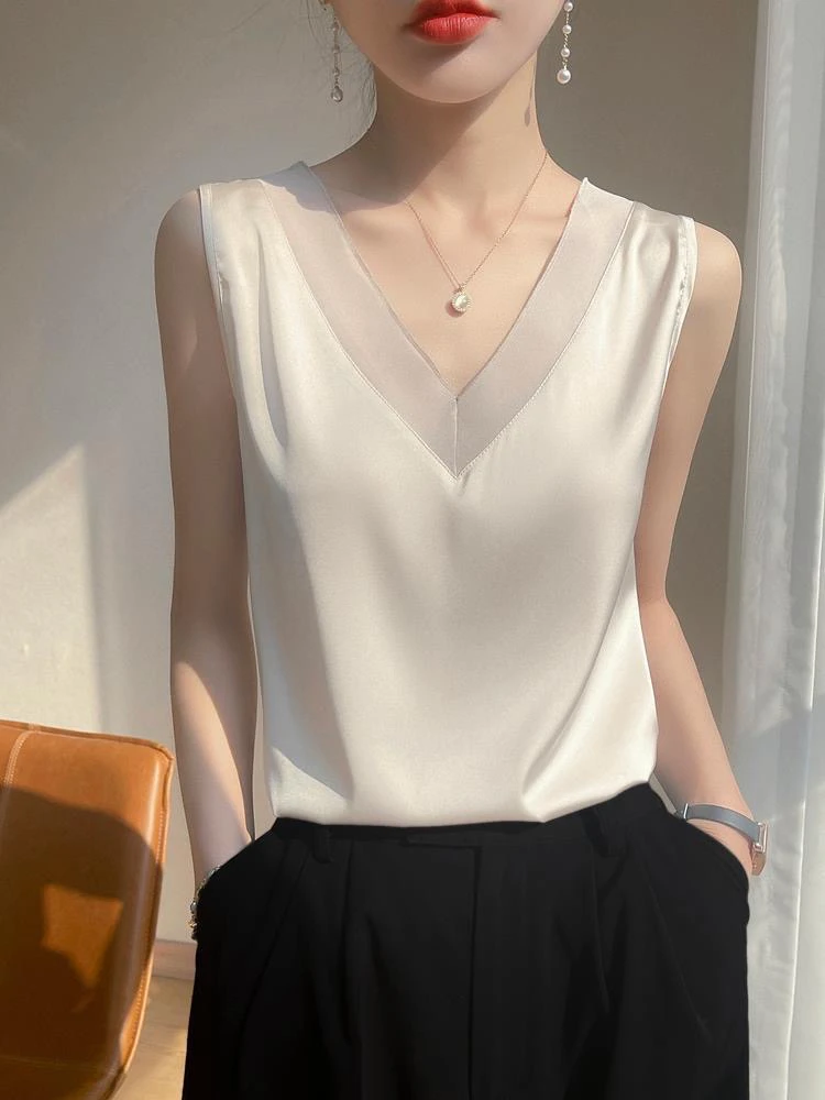 仿真丝缎面吊带背心女内搭白色美背夏小西装打底