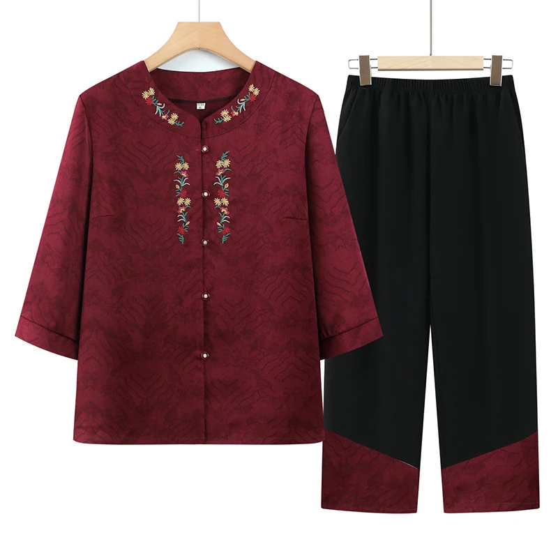 中老年女装夏季休闲套装大码妈妈装宽松七分袖开衫绣花上衣老太太