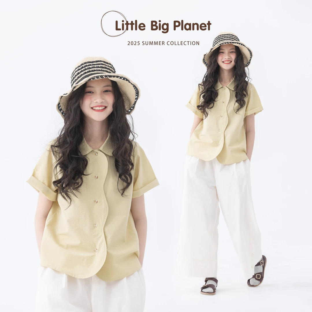 小小大星球童装 小众慵懒感波浪门襟衬衫 女童夏季设计感翻领上衣