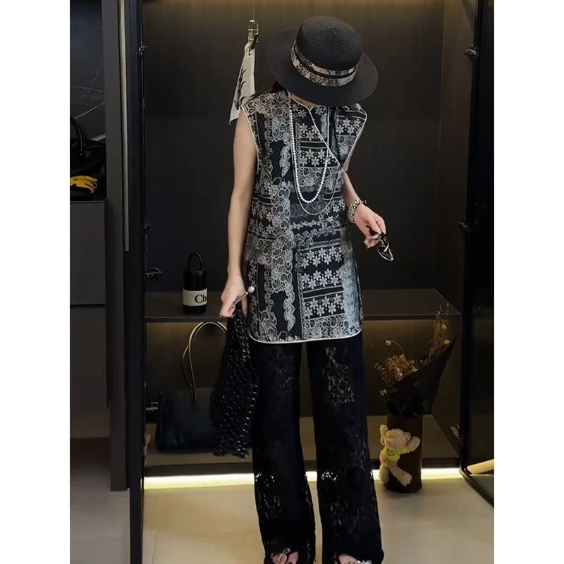 欧洲站2025夏季新款新中式国风中长款无袖上衣高腰纯色蕾丝裤套装