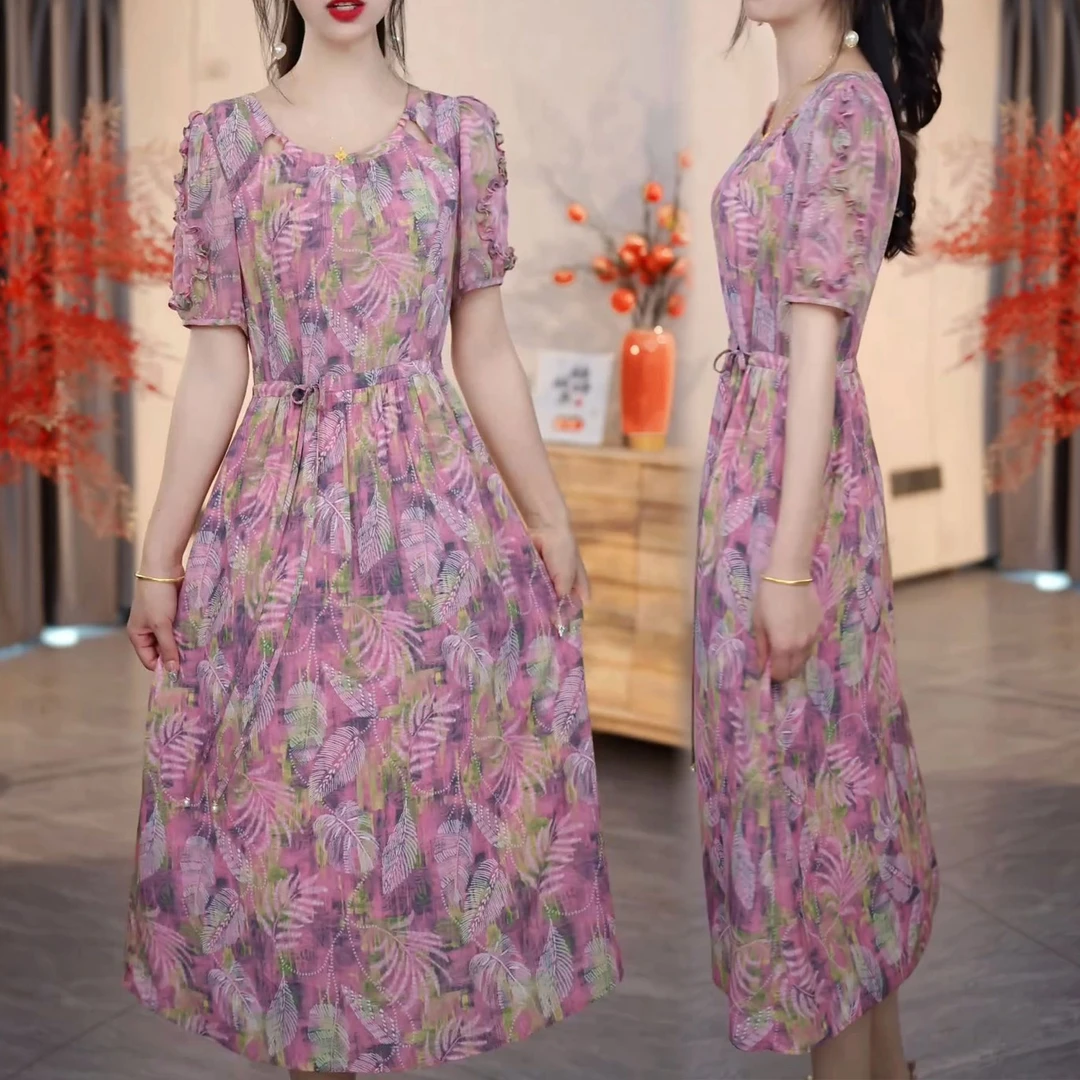 时尚法式短袖连衣裙女2025夏季新款气质显瘦拼接中长款印花休闲裙