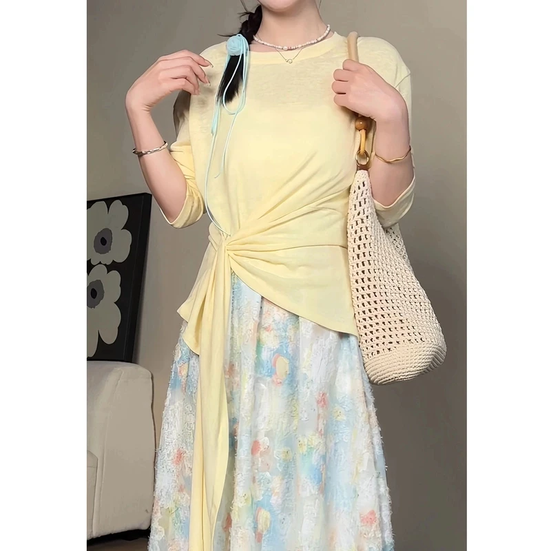 2025新款防晒设计感简约慵懒风长袖T恤小众绑带显瘦上衣女