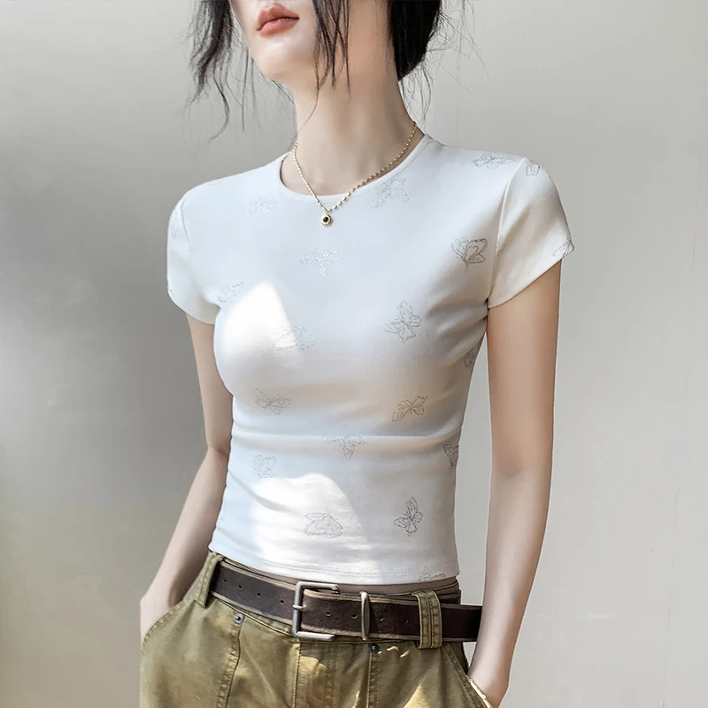 蝴蝶字母洋气气质款短袖T恤白色女夏新款短款显瘦莱赛尔修身上衣