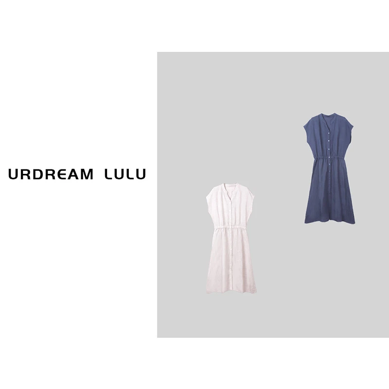 [都市女主角] 莱赛尔亚麻系扣V领连衣裙时尚显瘦收腰长裙-P8785