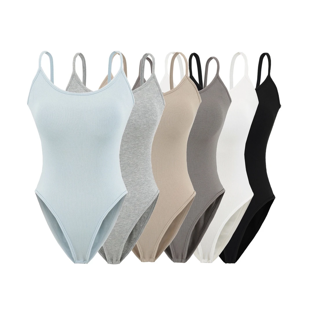 美式复古带胸垫露背高弹力螺纹连体背心