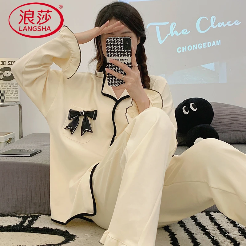 浪莎秋季甜美蝴蝶结睡衣女春秋长袖长裤休闲可爱家居服2025新款秋