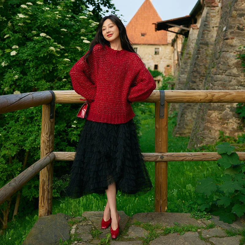 TRACYCHU翠西私人爱物黑色高级定制羽毛蕾丝长半裙松弛感冬季新品