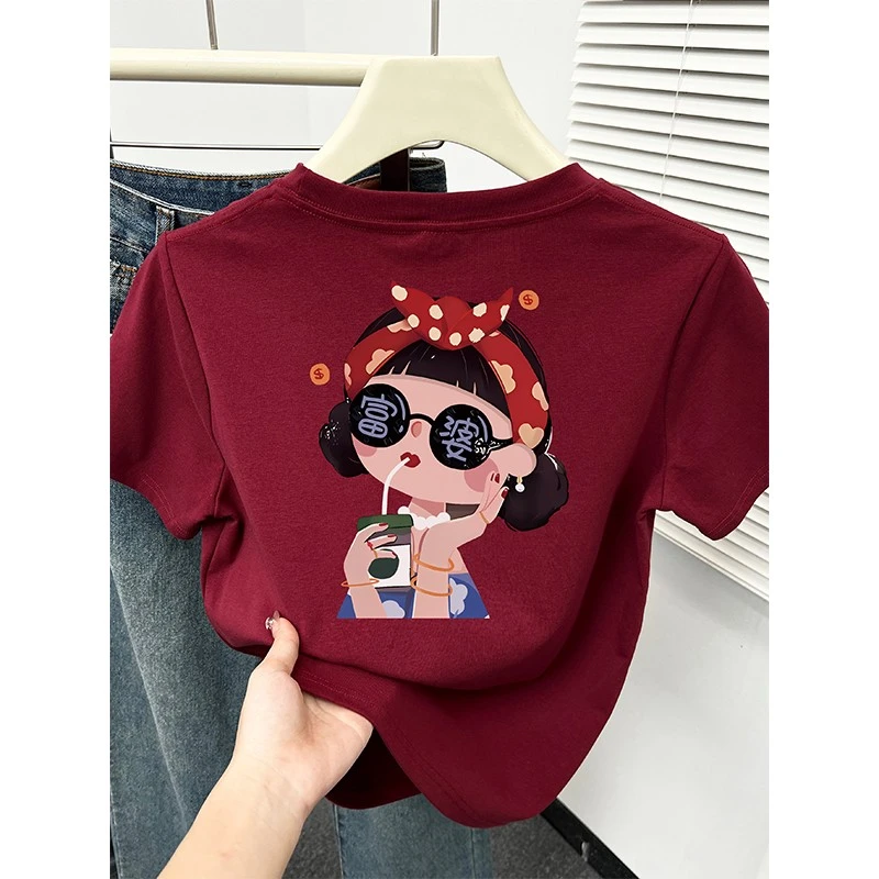 正肩短袖T恤女春夏新款韩版减龄洋气印花圆领百搭显瘦打底上衣服